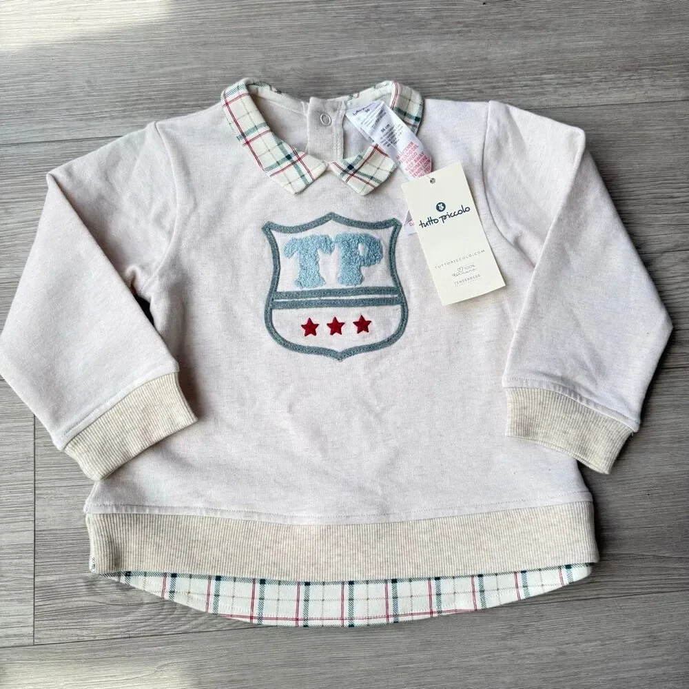 Tutto Piccolo long-sleeve top crest appliqué checkered collar and hem Size 36 mo